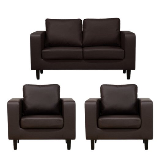 Brown leather sofa set with two armchairs on a white background