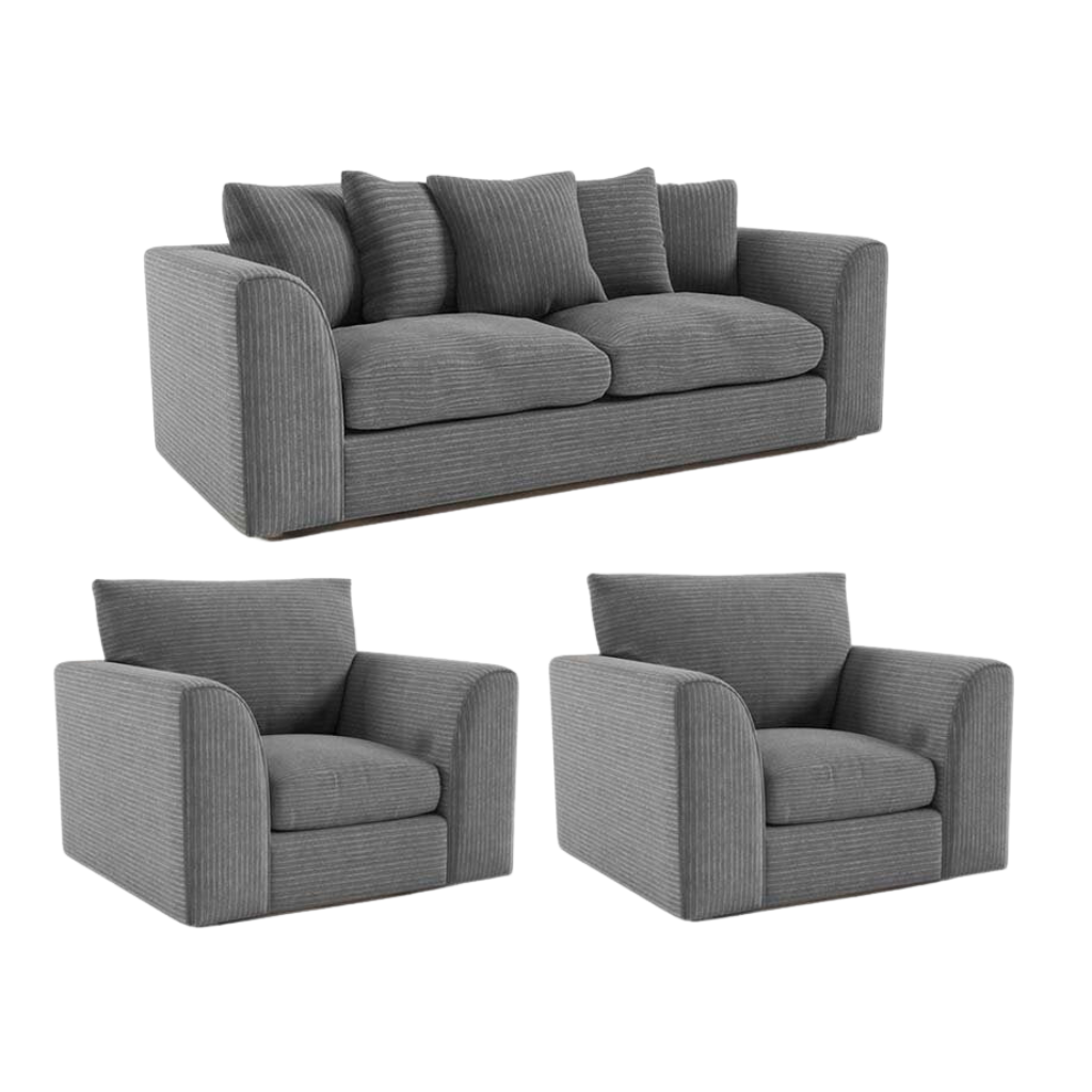 Grey fabric sofa set with two armchairs on a white background