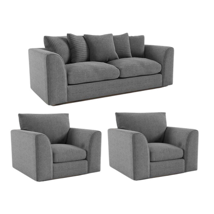Grey fabric sofa set with two armchairs on a white background