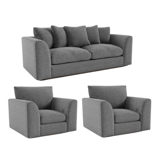 Grey fabric sofa set with two armchairs on a white background