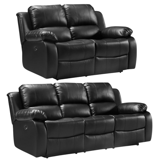 Two black leather recliner sofas on a white background