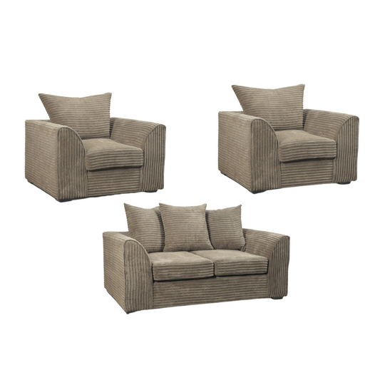 Two armchairs and a sofa with striped pattern on a white background