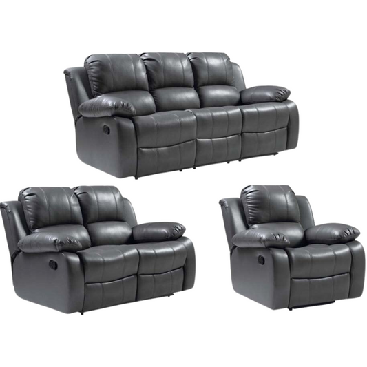 Grey leather reclining sofa set on a white background