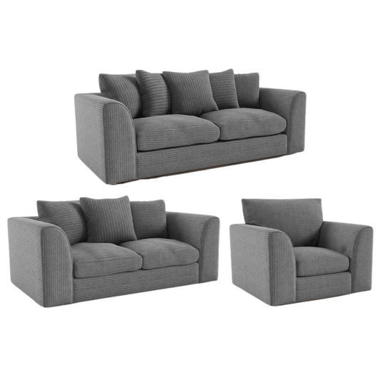 Light Grey fabric sofa set with two sofas and an armchair on a white background
