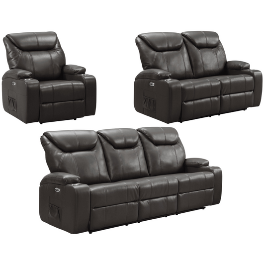 Cinema Grey Electric Leather 3+2+1 Recliner Sofa Set With Two Cup Holders