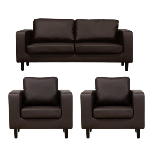 Brown leather sofa set with two armchairs on a white background