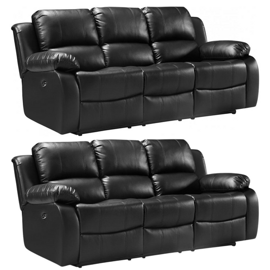 Two black leather recliner sofas on a white background