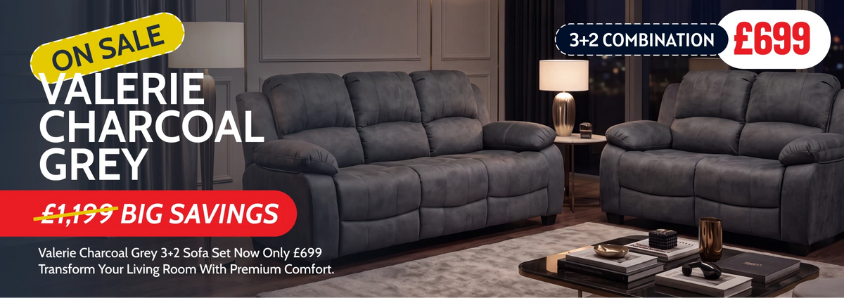 A dark charcoal gray upholstered sofa set shown in a staged living room scene, with promotional text overlays reading ON SALE, VALERIE CHARCOAL GREY, 3+2 COMBINATION, and £699.