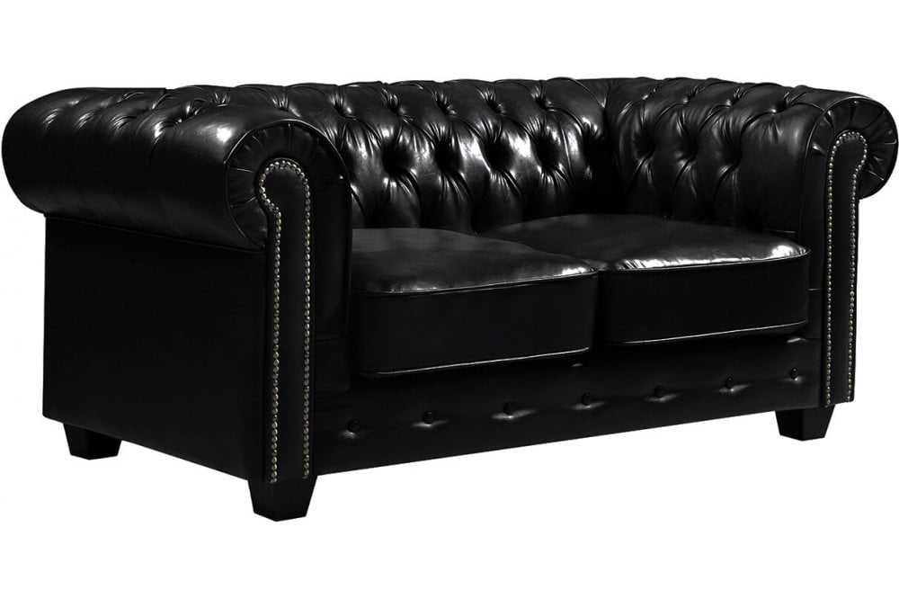Chesterfield Black Leather Antique 2 Seater Sofa