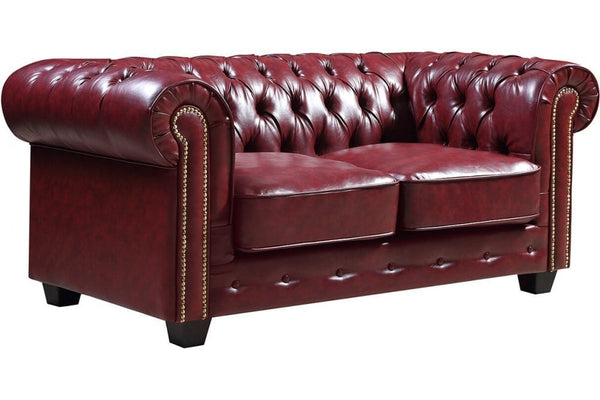 Chesterfield Red Leather Antique 2 Seater Sofa