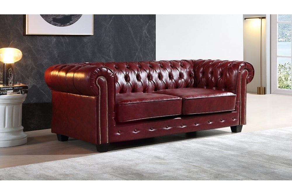Chesterfield Red Leather Antique 3 Seater Sofa - Furniture Instore