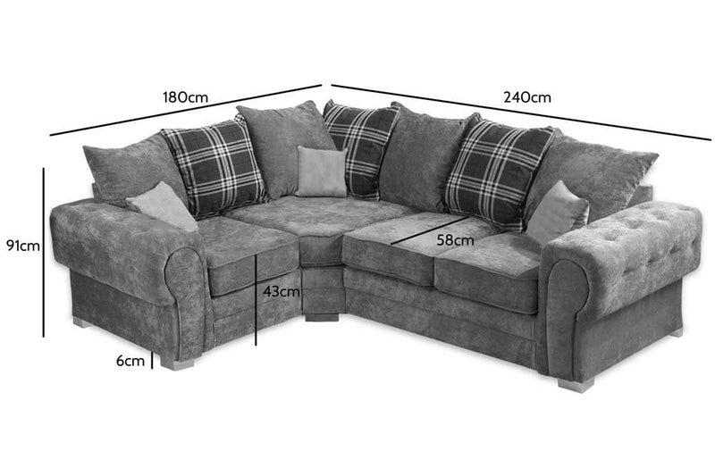 Verona Scatter Grey Fabric Left Corner Sofa measurements showing size of corner