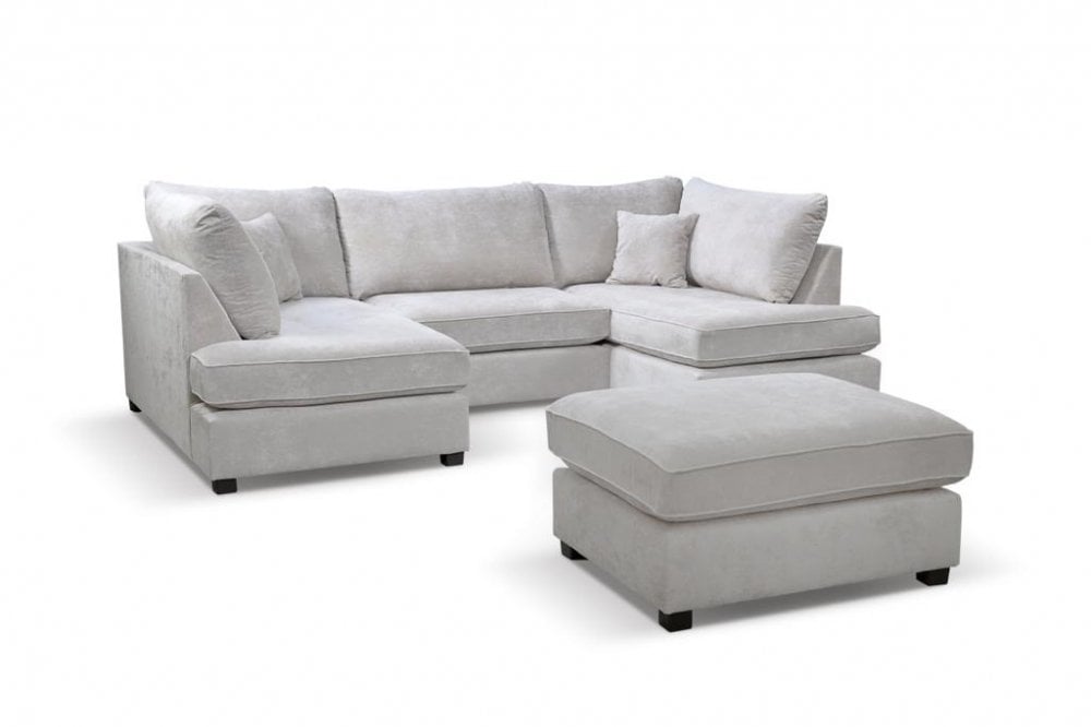 Carnaby Silver  Fabric U Shape High Back Corner Sofa + Footstool