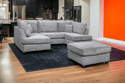 Carnaby Grey Fabric U Shape High Back Corner Sofa + Footstool
