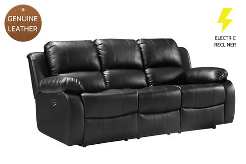 Valencia Genuine Black Leather 3 Seater Electric Power Recliner Sofa