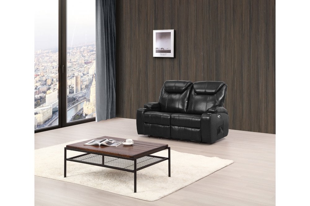 Cinema Black Electric 2 Seater Leather Recliner Sofa With Two Cup Holders