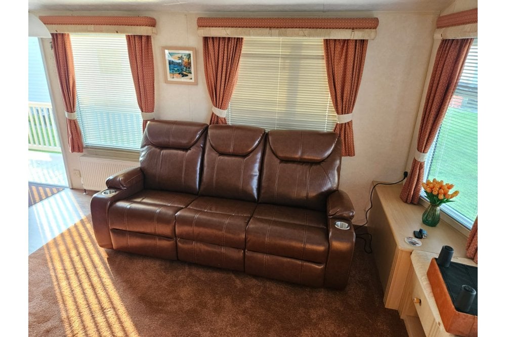Cinema Tan Electric Leather 3 Seater Recliner Sofa With Two Cup Holders