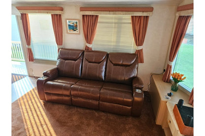 Cinema Tan Electric Leather 3 Seater Recliner Sofa With Two Cup Holders