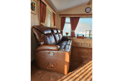 Cinema Tan Electric Leather 3 Seater Recliner Sofa With Two Cup Holders
