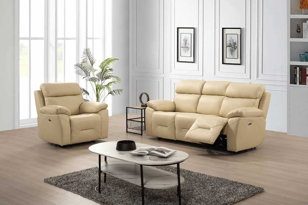 Renato Genuine Leather Cream Electric Power Recliner 3+1 Seater Sofa Set - Furniture Instore