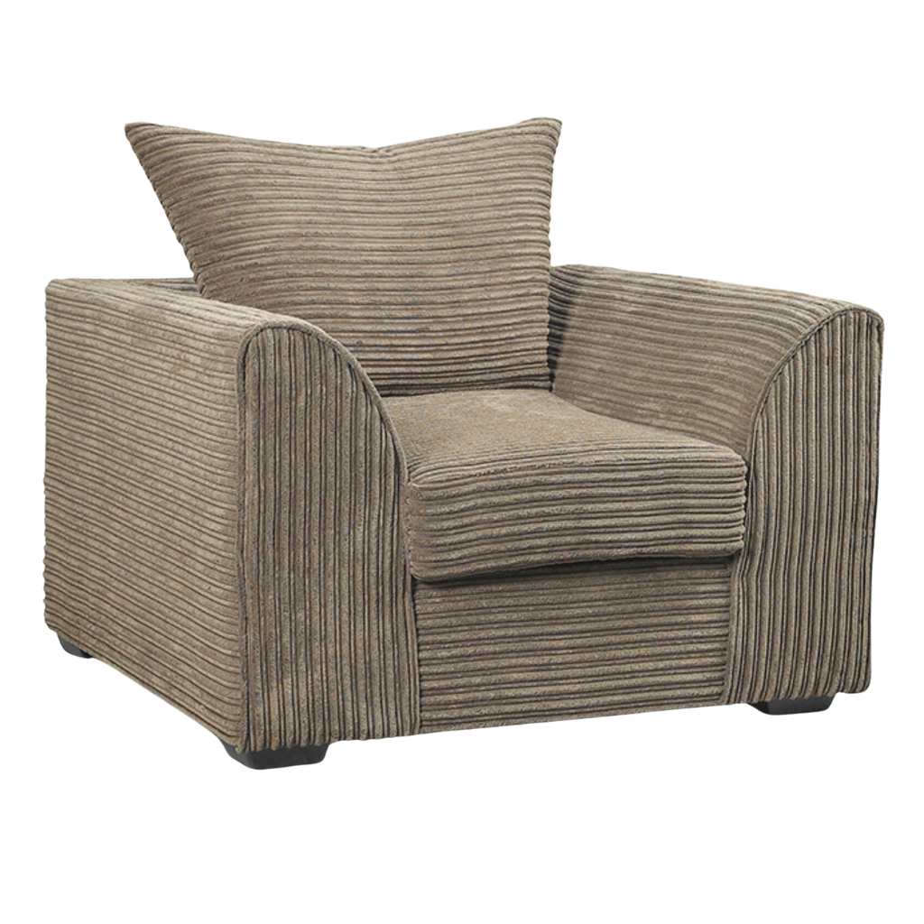 Brown striped armchair with a matching pillow on a white background