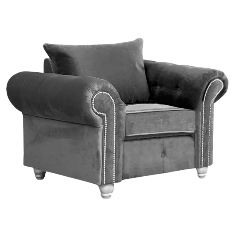 Gray velvet fabric armchair with a pillow on a white background luxury sofa