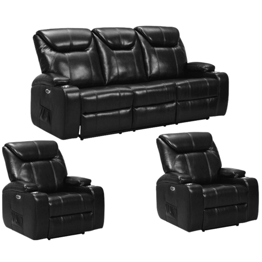 Cinema Black Electric 3+1+1 Seater Leather Recliner Sofa Set With Two Cup Holders