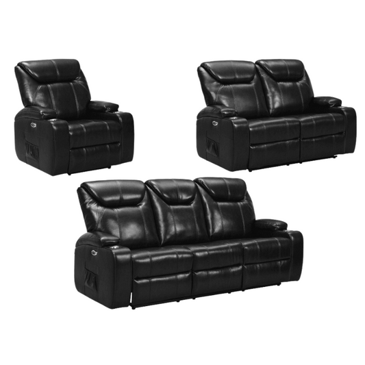 Cinema Black Electric 3+2+1 Seater Leather Recliner Sofa Set With Two Cup Holders