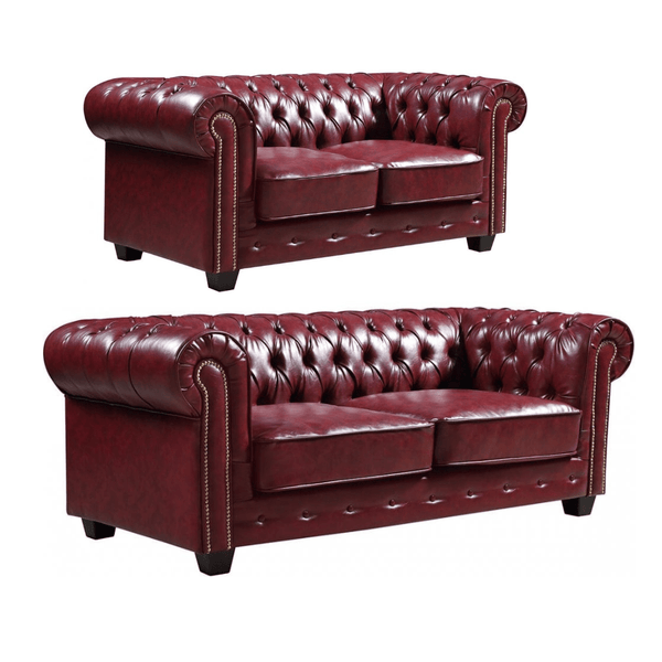 Chesterfield Red Leather Antique 3+2 Seater Sofa Set