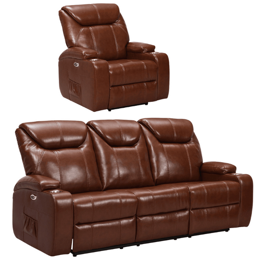 Cinema Tan Electric Leather 3+1 Seater Recliner Sofa Set With Two Cup Holders
