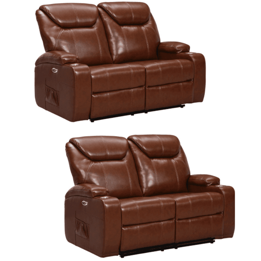 Cinema Tan Electric 2+2 Leather Recliner Sofa Set  With Two Cup Holders