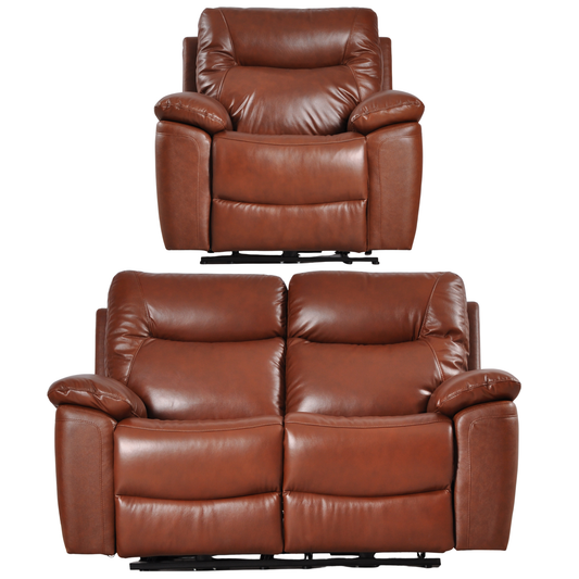 Brown leather recliner chair and loveseat set on a white background