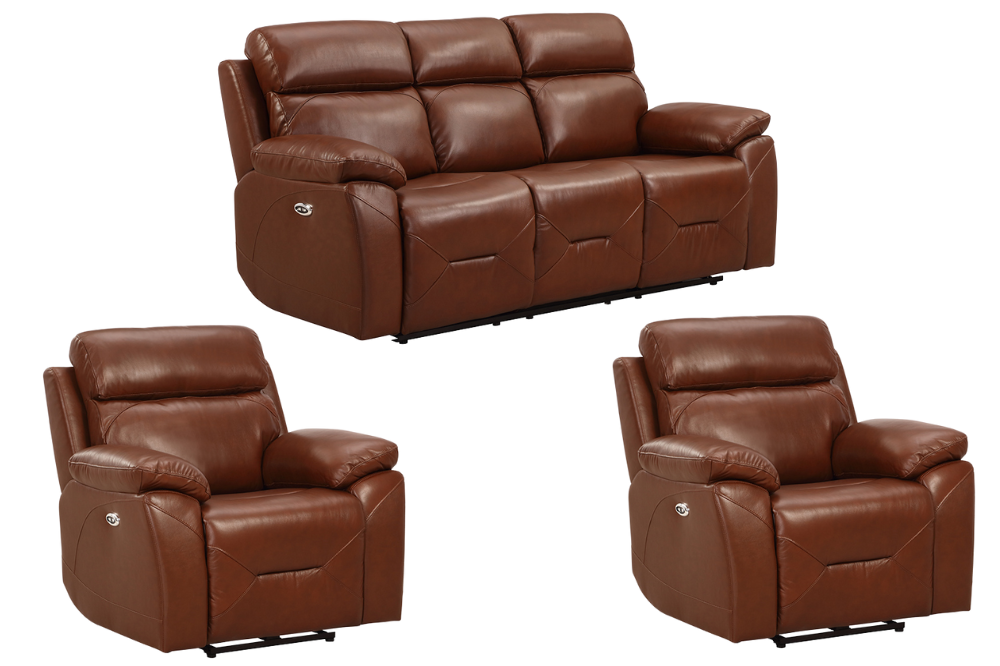 Renato Genuine Leather Tan Electric Power Recliner 3+1+1 Seater Sofa Set
