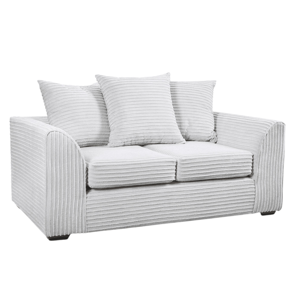 Grey fabric striped 2 seater sofa with cushions on a white background