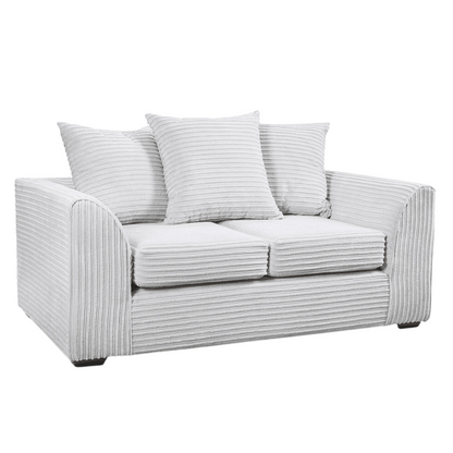 Grey fabric striped 2 seater sofa with cushions on a white background