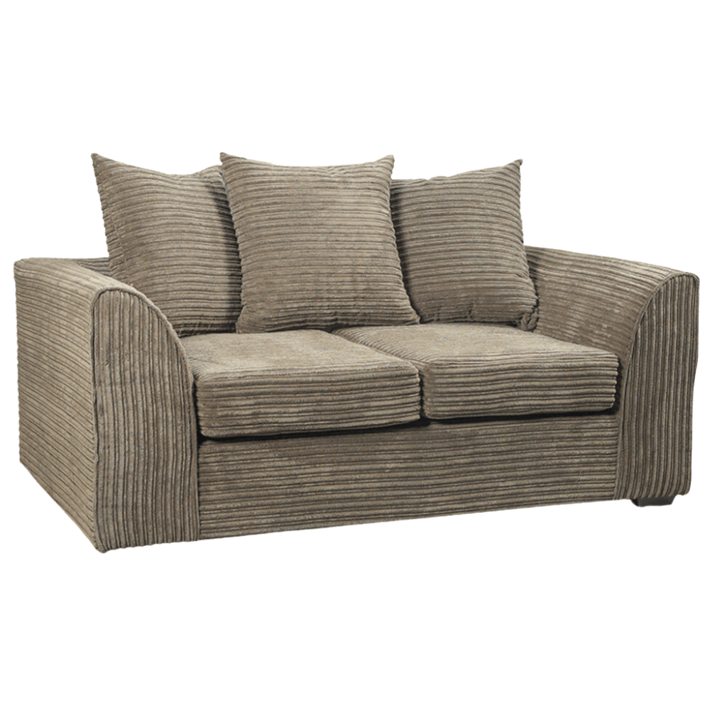 Brown fabric sofa with three cushions on a white background
