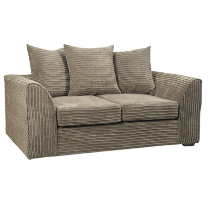 Brown fabric sofa with three cushions on a white background