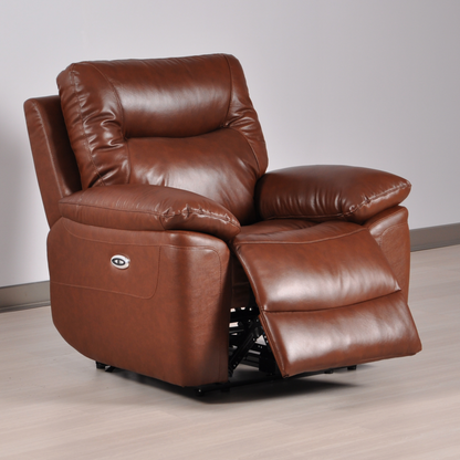 Brown leather recliner chair on a wooden floor with a neutral background