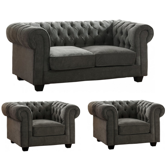 Chesterfield Grey Fabric 2+1+1 Seater Sofa Set