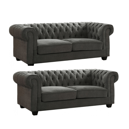 Chesterfield Grey Fabric 3+3 Seater Sofa Set