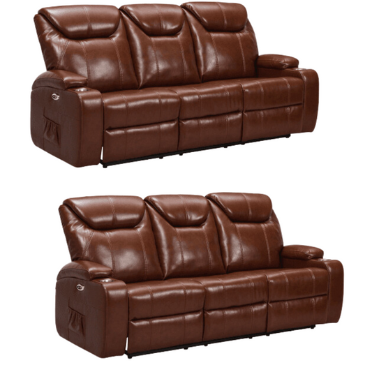 Cinema Tan Electric Leather 3+3 Seater Recliner Sofa Set With Two Cup Holders
