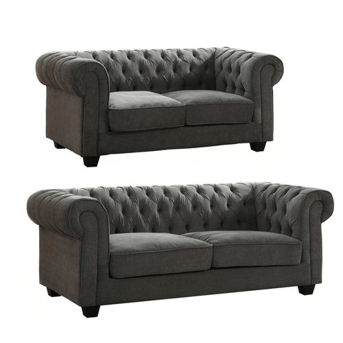 Chesterfield Grey Fabric 3+2 Seater Sofa Set