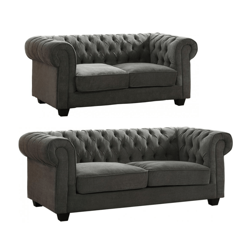 Chesterfield Grey Fabric 3+2 Seater Sofa Set - Furniture Instore