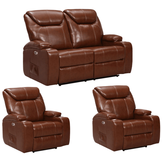 Cinema Tan Electric 2+1+1 Seater Leather Recliner Sofa Set  With Two Cup Holders