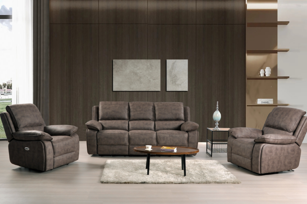 Maple Brown Suede Fabric Electric Recliner 3+1+1 Seater Sofa Set