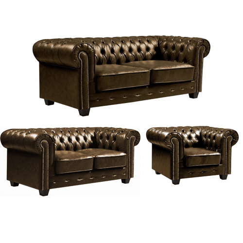 Chesterfield Brown Leather Antique 3+2+1 Seater Sofa Set