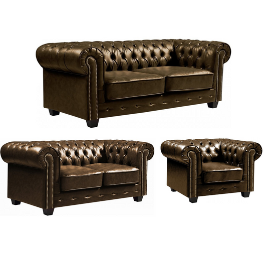 Chesterfield Brown Leather Antique 3+2+1 Seater Sofa Set