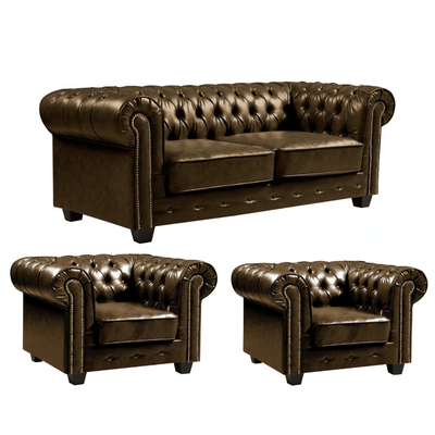 Chesterfield Brown Leather Antique 3+1+1 Seater Sofa Set