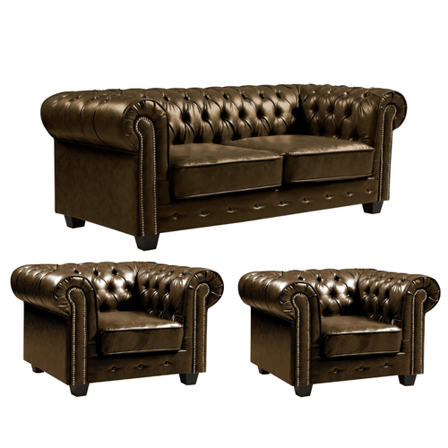 Chesterfield Brown Leather Antique 3+1+1 Seater Sofa Set