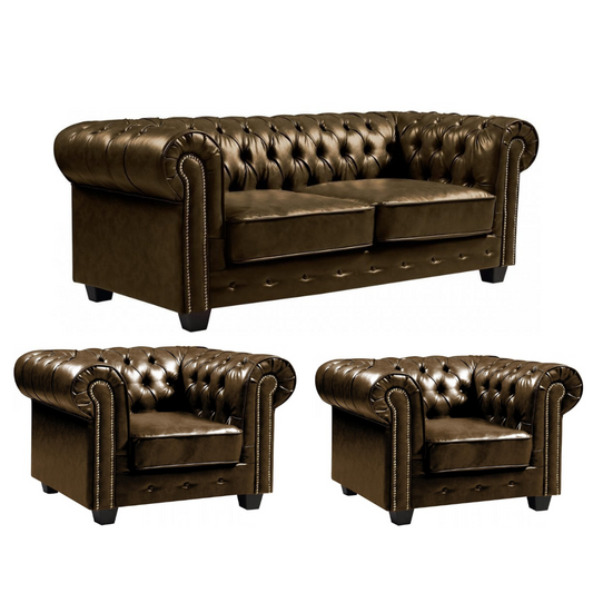 Chesterfield Brown Leather Antique 3+1+1 Seater Sofa Set